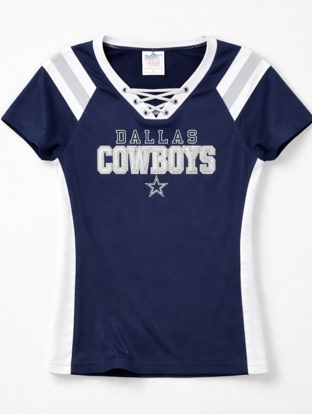 Dallas Cowboys - Women's Navy Lace-Up V-Neck Sequined‎ Bling Football Tee Sz Lg